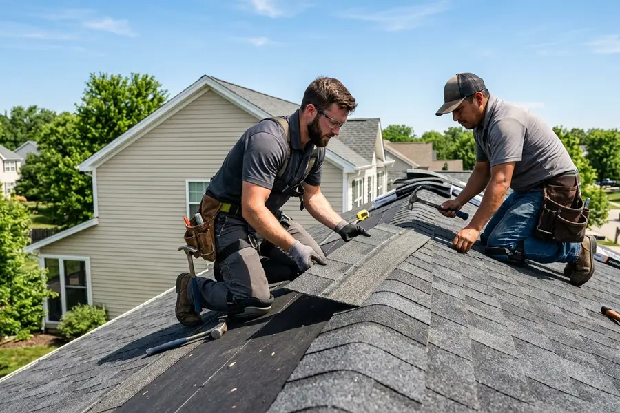 All American Home Improvement roofing crew installing architectural shingles in Haubstadt